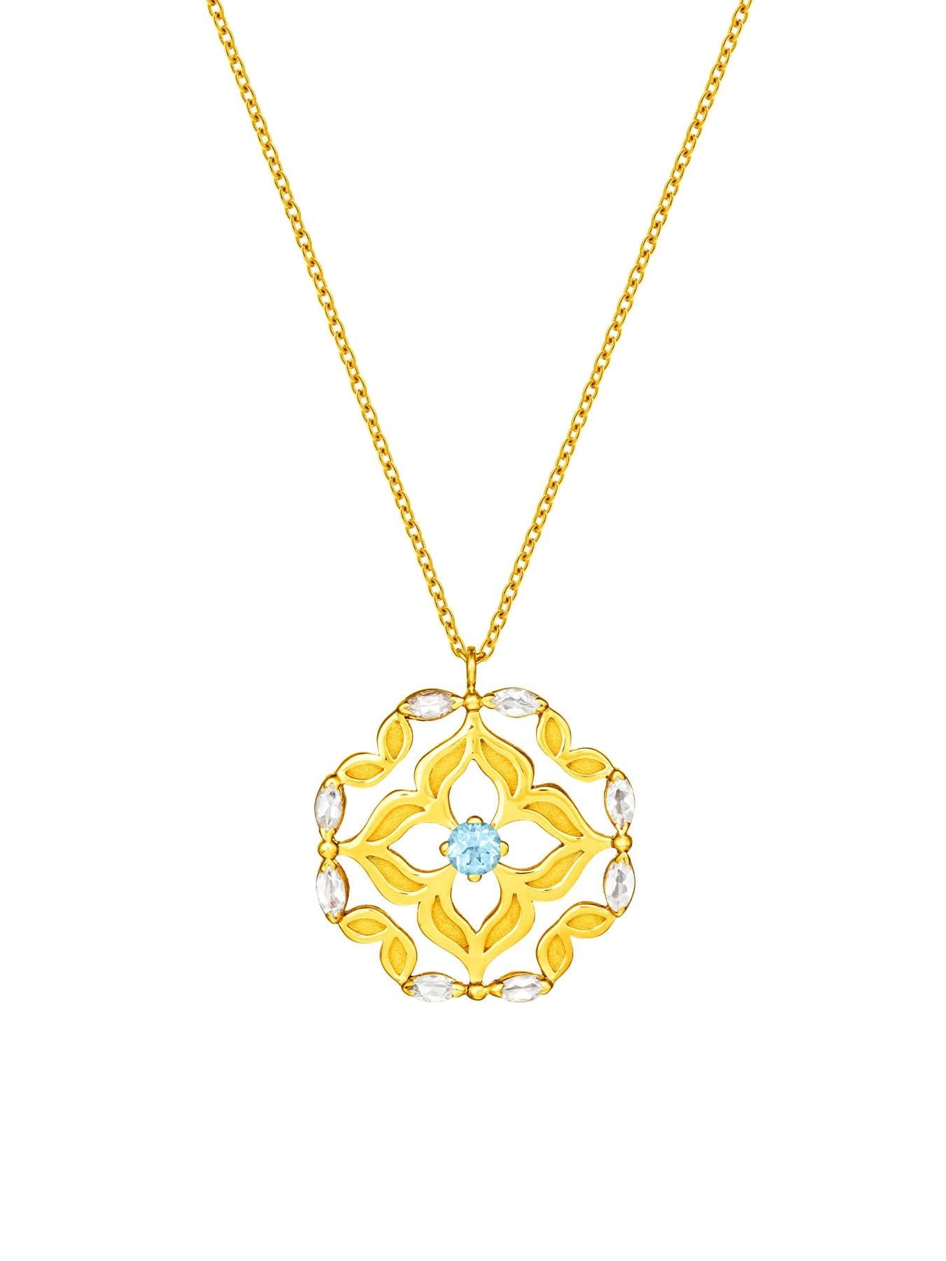 Dây chuyền họa tiết Peranakan gắn đá topaz trắng và xanh