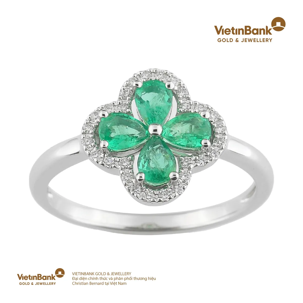 Nhẫn Maine vàng trắng 18K gắn Emeral, Kim Cương