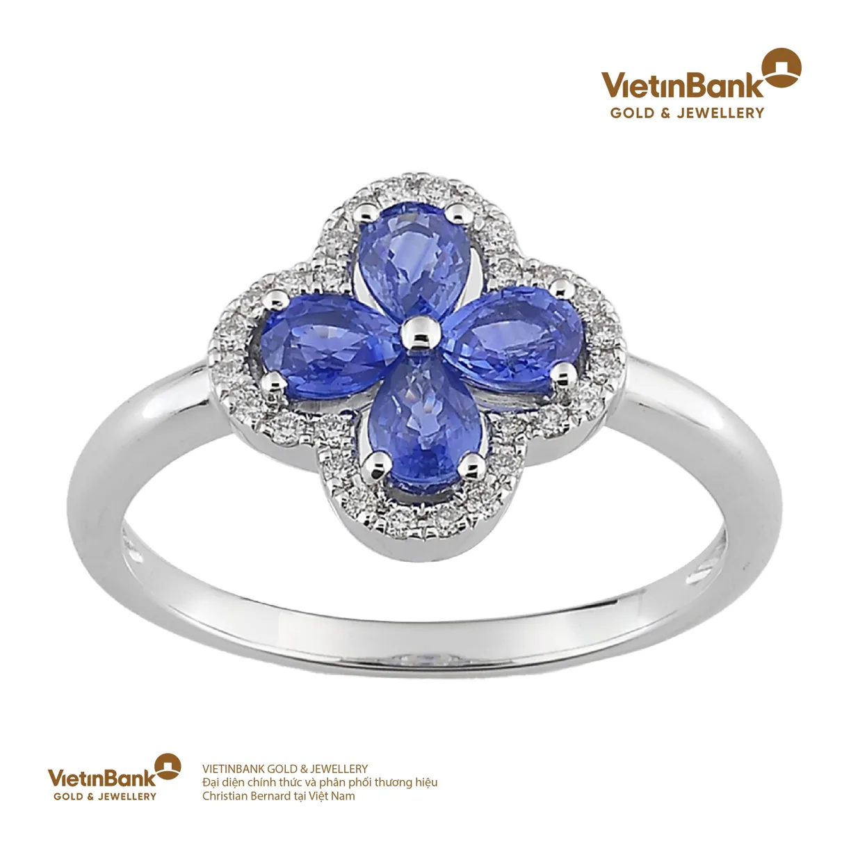 Nhẫn vàng trắng 18K (3.055) gắn Saphire (0.812) KC (0.112) 53
