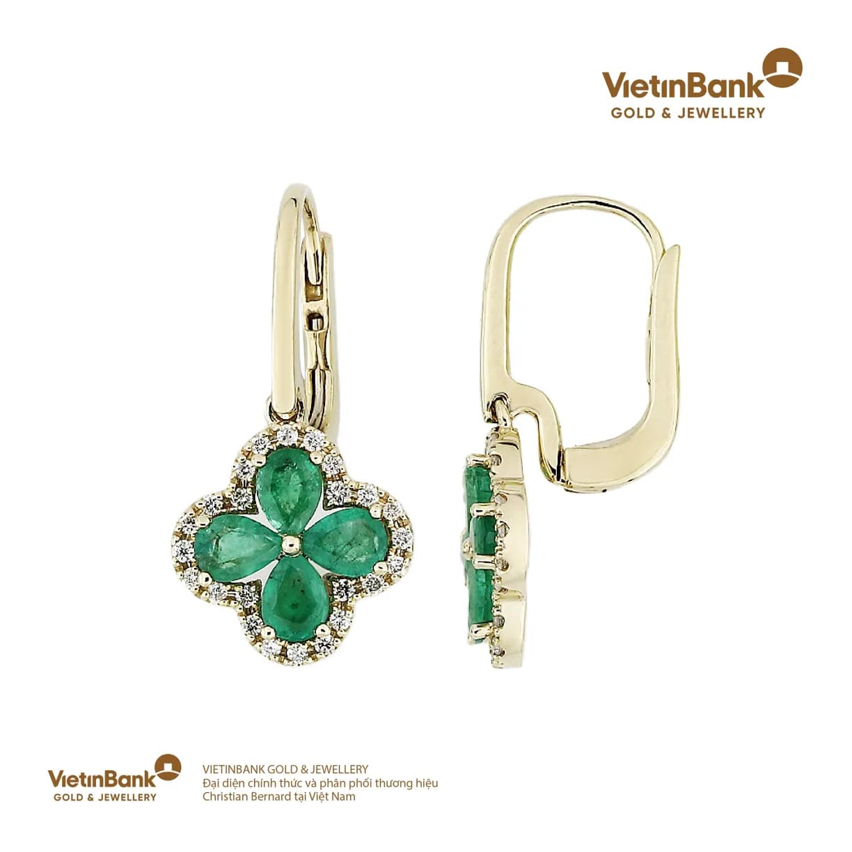 Hoa tai vàng Majori vàng 18K gắn Emeral, Kim Cương