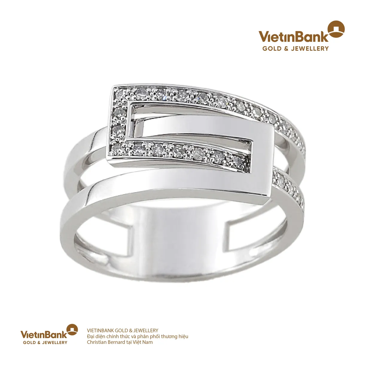 Nhẫn vàng trắng 18K (3.383) gắn Kim Cương (0.135) 53