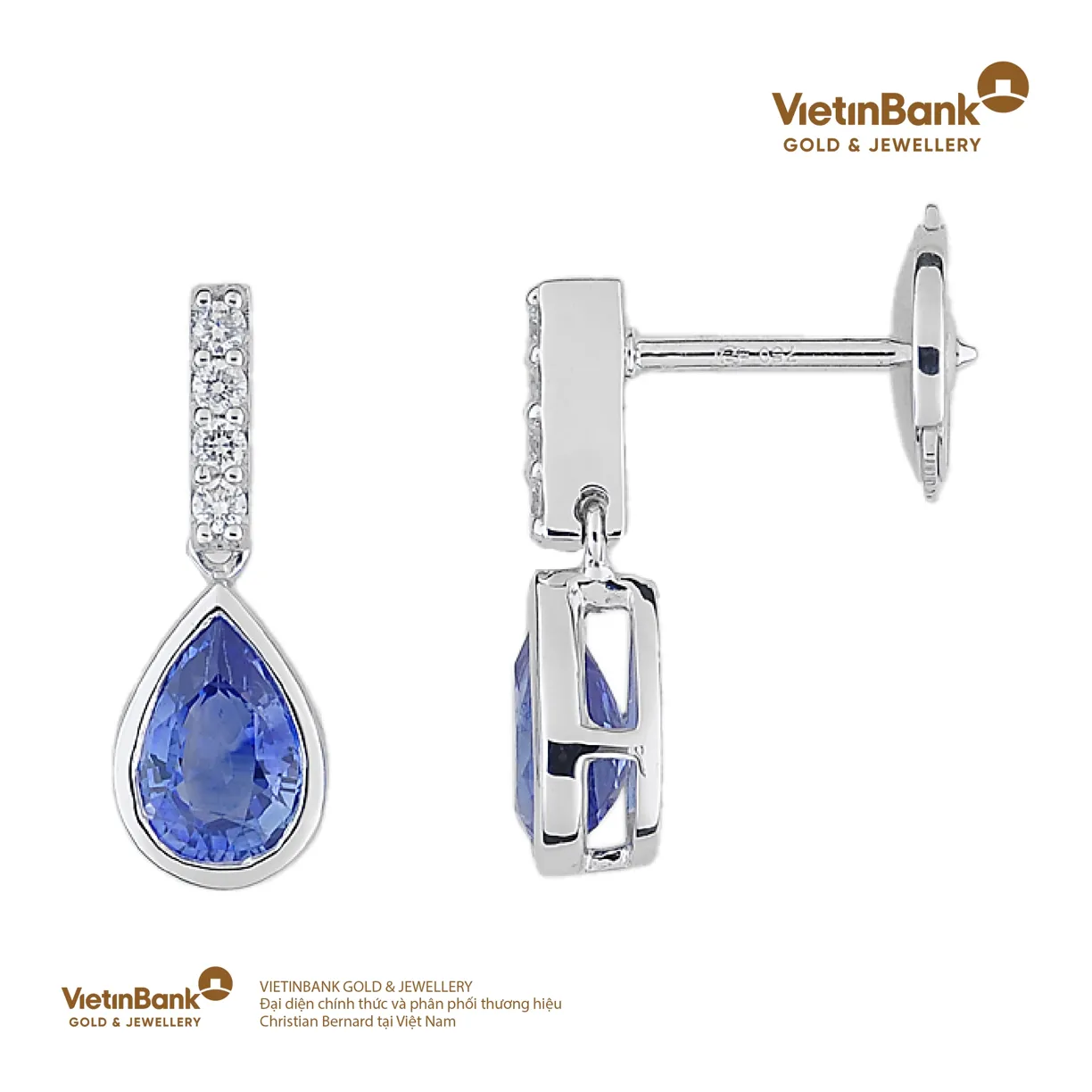 Hoa tai vàng trắng 18K (1.553) gắn Saphire (1.07) KC (0.064)